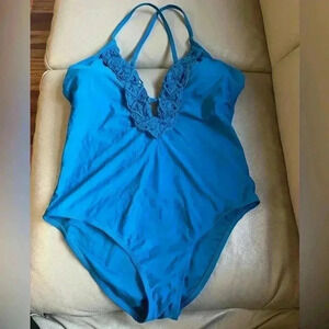 Christina Bohemian Aqua Blue Crochet Front One Piece Swimsuit Size XL